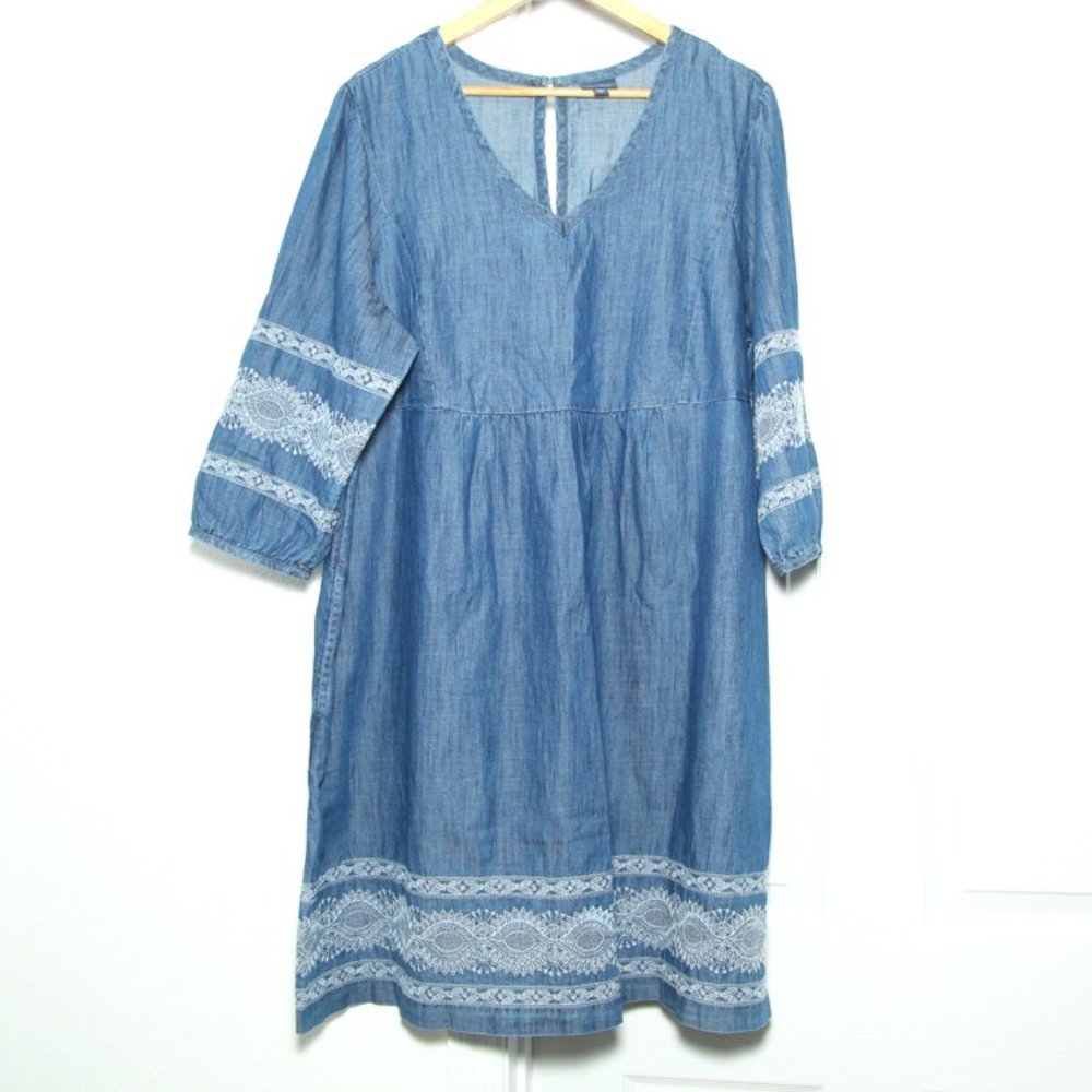 J. Jill Blue Denim Midi Dress with Lace Trim